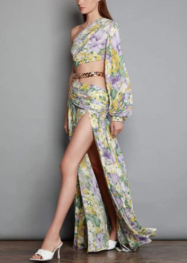 New Print One Shoulder Chain Linked Side Open Chiffon Long Dress Summer