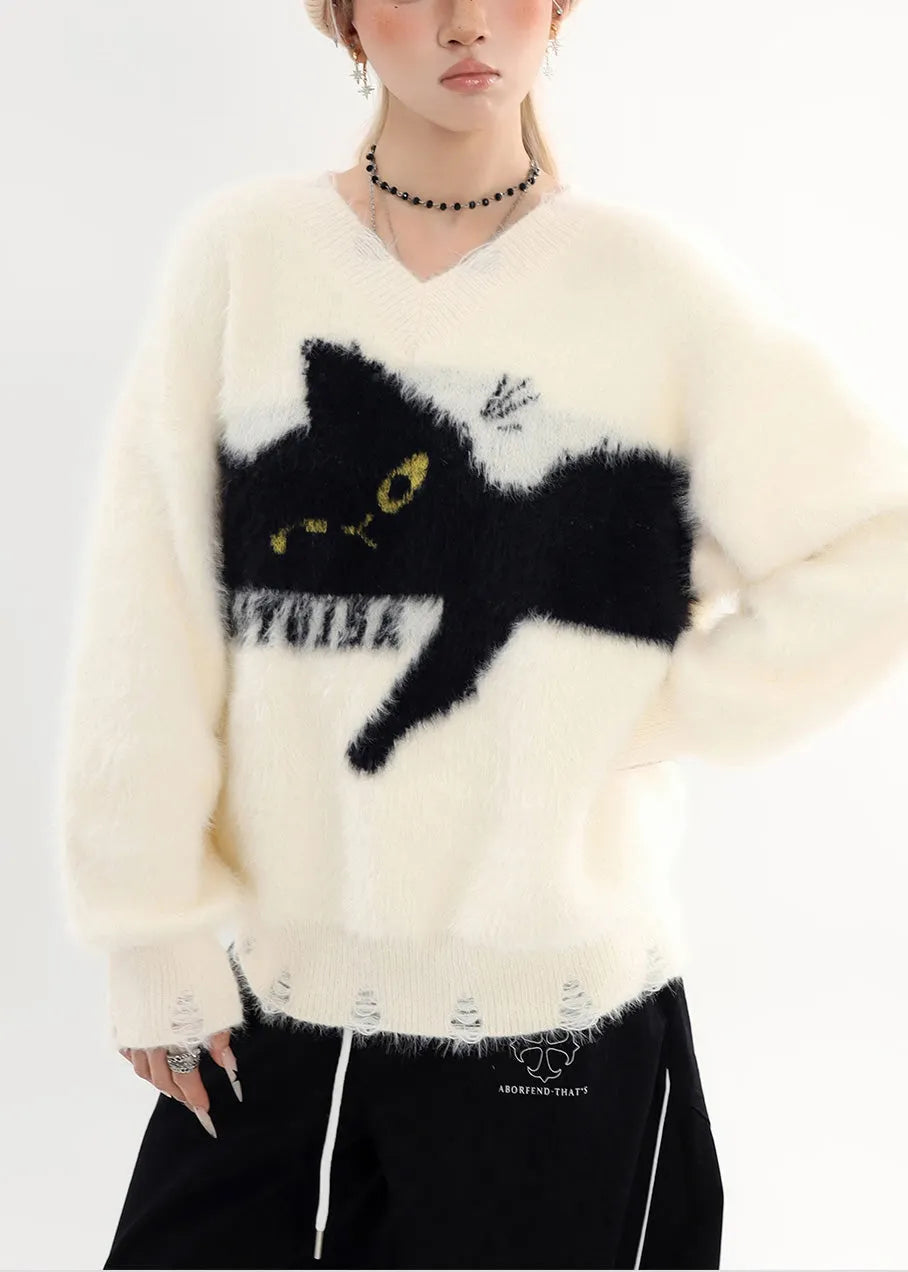 White Oversized Cat Cozy Hole Sweater Tops Winter