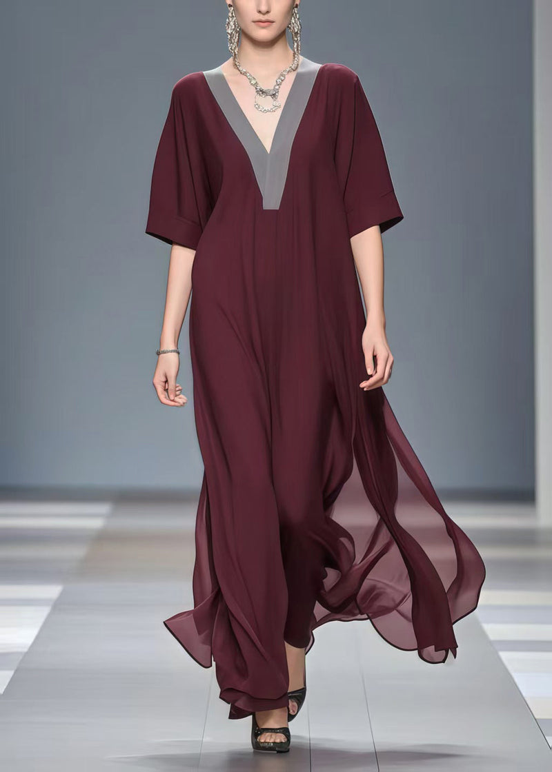 Mulberry V Neck Patchwork Chiffon Long Dress Summer