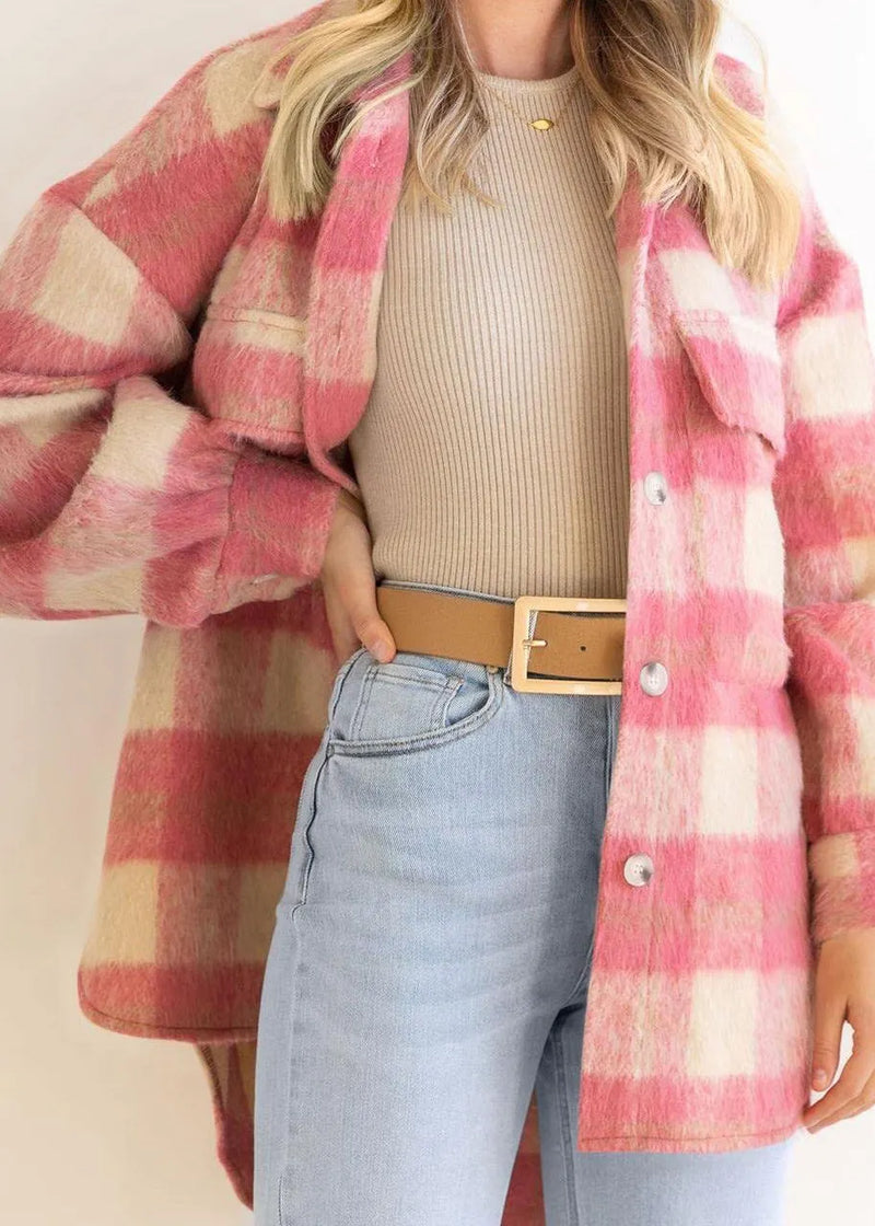 Pink Peter Pan Collar Pockets Plaid Woolen Coat Fall