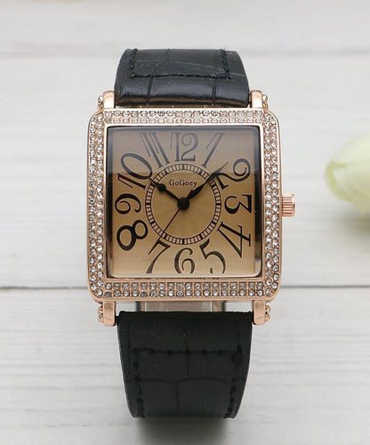 Retro Black Alloy Zircon Faux Leather Sapphire Crystal Waterproof Square Watch