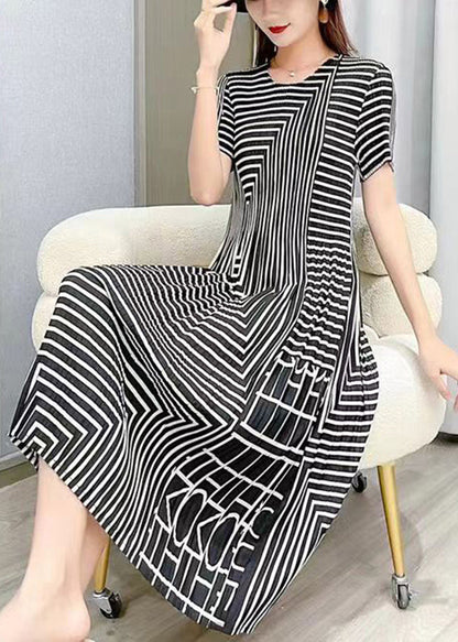 White O Neck Striped Wrinkled Silk Dresses Summer