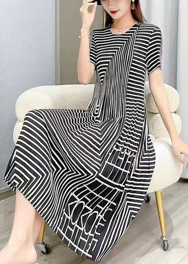 White O Neck Striped Wrinkled Silk Dresses Summer