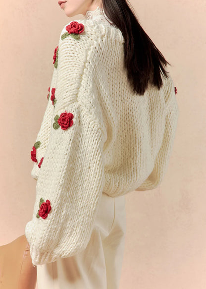 White V Neck Hollow Out Cotton Knit Cardigans Spring