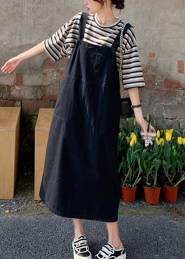 Classy O-neck Striped Patchwork T Shirt and Long Dress Two Piece Set Summer
