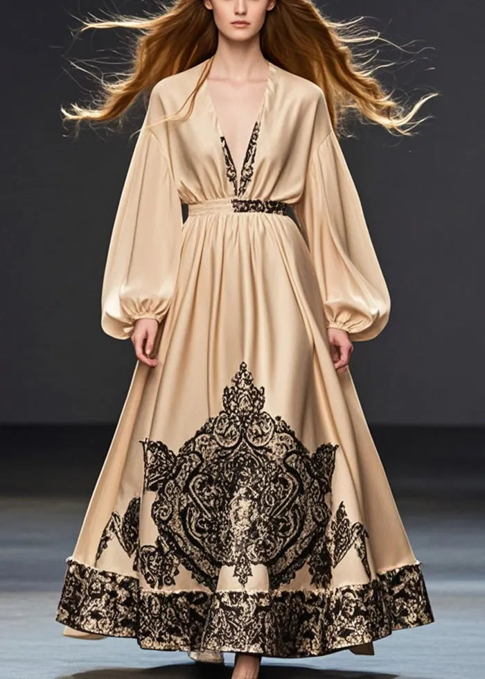 Khaki Deep-v Neck Print Silk Party Dress Fall