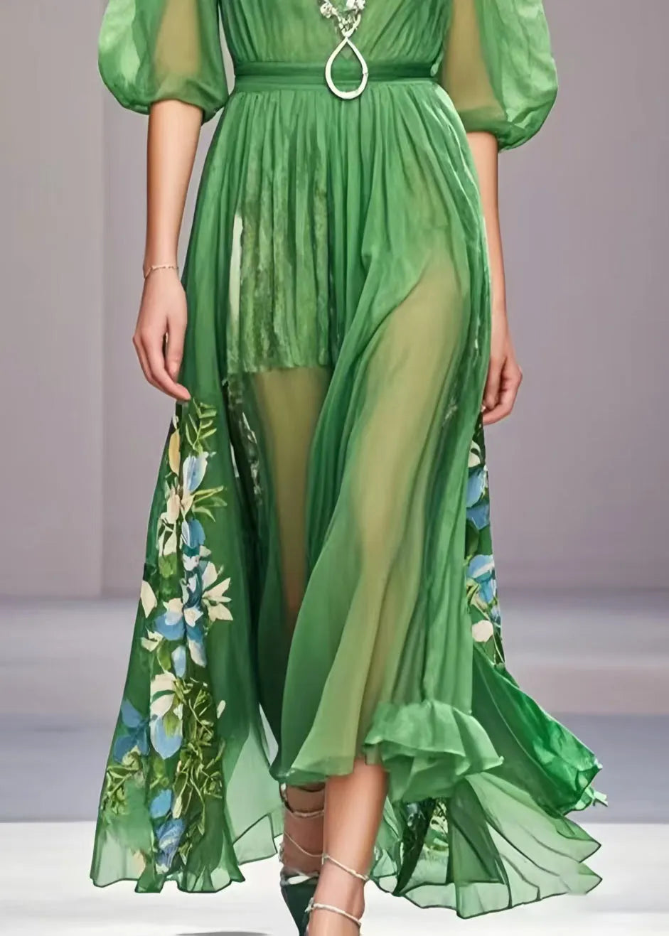 Unique Grass Green Puff Sleeve Print Chiffon Dress Summer