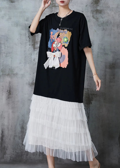 Black Cartoon Bow Patchwork Cotton Maxi Dresses Summer