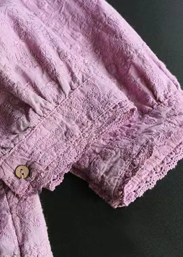Purple Wrinkled Embroidered Linen Shirts Bracelet Sleeve