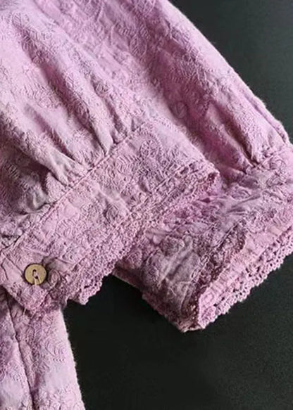 Purple Wrinkled Embroidered Linen Shirts Bracelet Sleeve