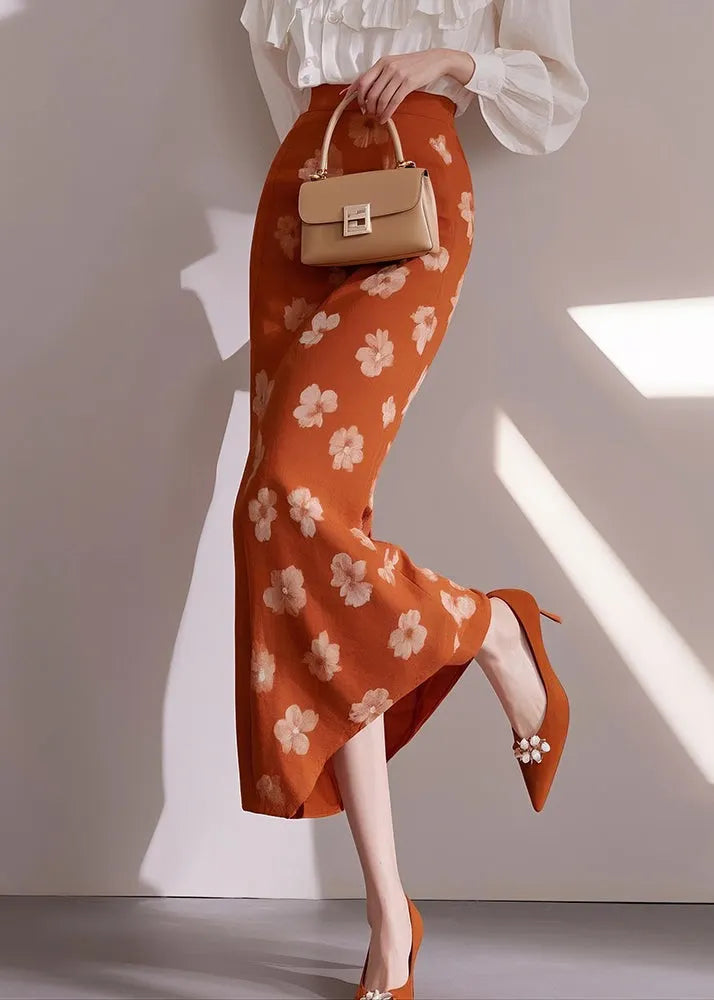 Slim Fit Orange Print High Waist Cotton Skirts Summer