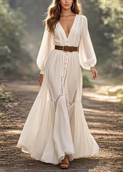 White Cinched Hollow Out Party Dress Spring
