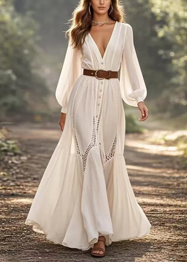White Cinched Hollow Out Party Dress Spring