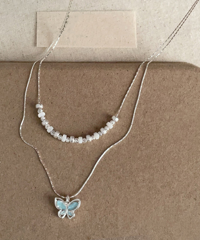 Boutique Blue Copper Crystal Butterfly Double-layer Pendant Necklace