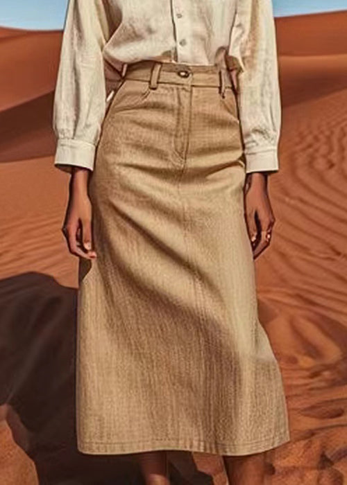 Khaki High Waist Linen a Line Skirts Summer