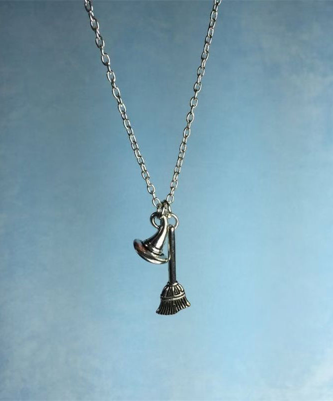 Style Silk Stainless Steel Chain Broom and Hat Pendant Necklace