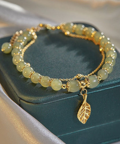 Tanksgiving Day Give Away- Green 18k Gold Inlaid Jade Zircon Leaf Charm Bracelet