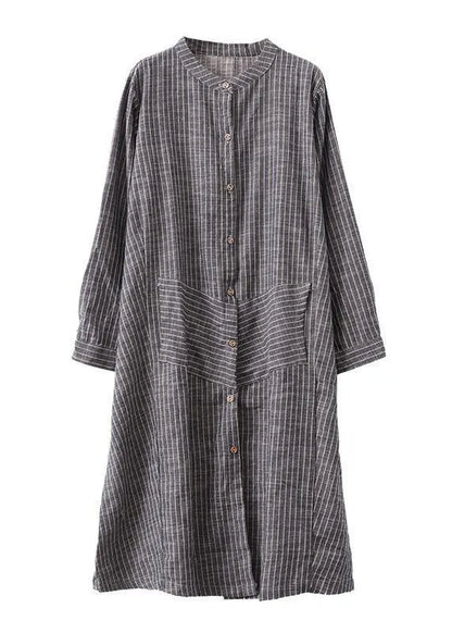 Gray Striped Linen Tunics Stand a Line Skirts Art Dresses