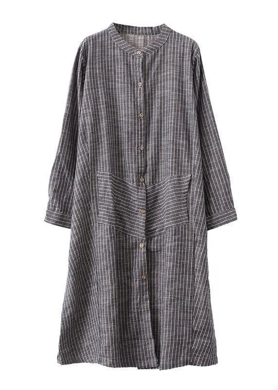 Gray Striped Linen Tunics Stand a Line Skirts Art Dresses