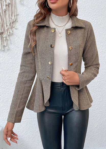 New Camel Jacquard Ruffled Slim Fit Double Breasted Suit Coat Autumn