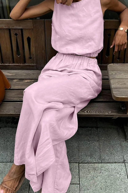 Cotton Linen Tank Top Slit Pants Suits