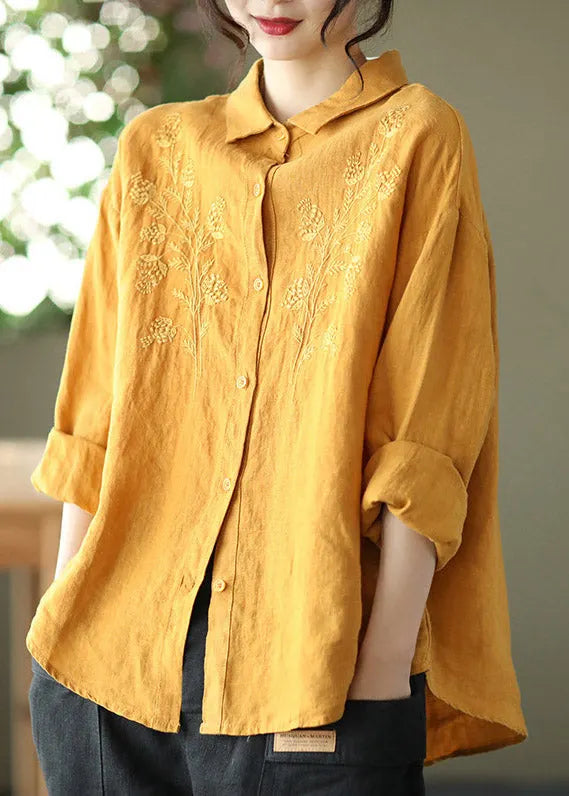 Loose Yellow Peter Pan Collar Embroidered Linen Shirts Long Sleeve