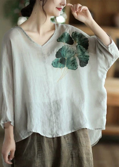 Coffee Green V Neck Print Patchwork Linen Shirts Half Sleeve