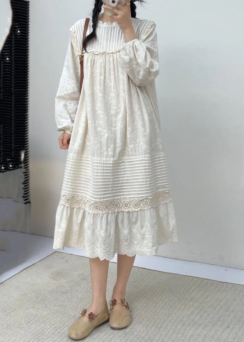 White Embroidered Ruffled Patchwork Wrinkled Cotton Maxi Dress Long Slee