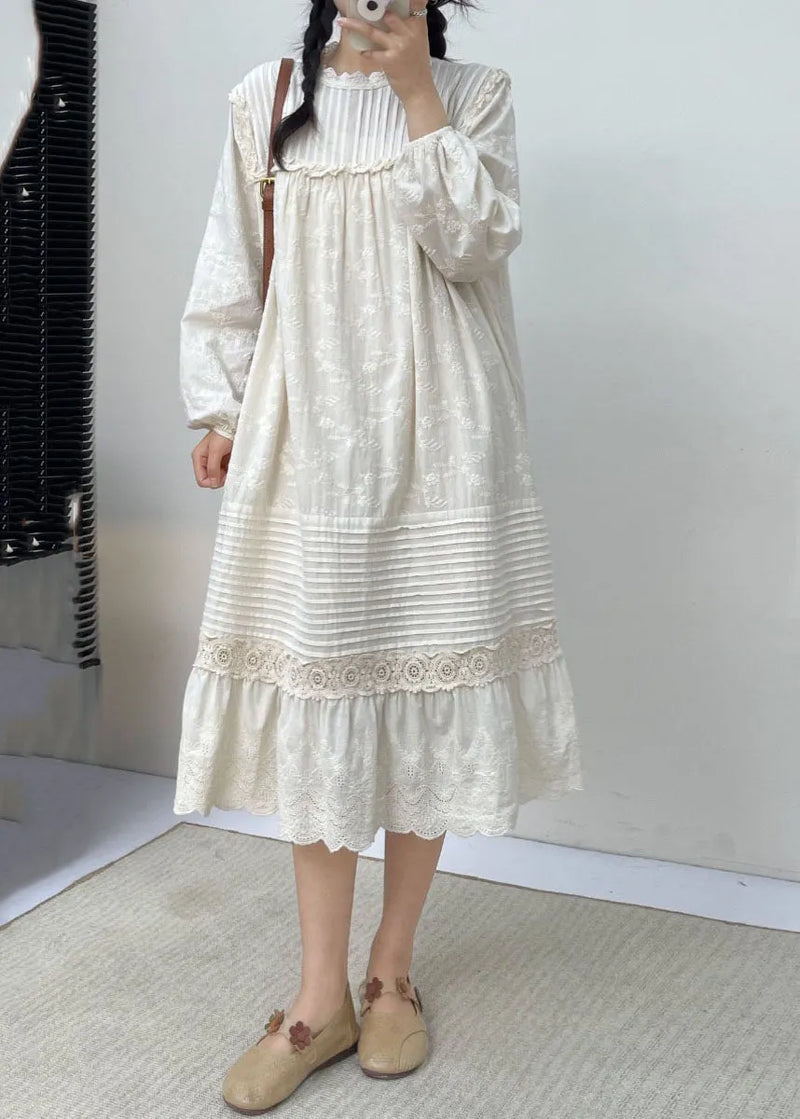 White Embroidered Ruffled Patchwork Wrinkled Cotton Maxi Dress Long Slee