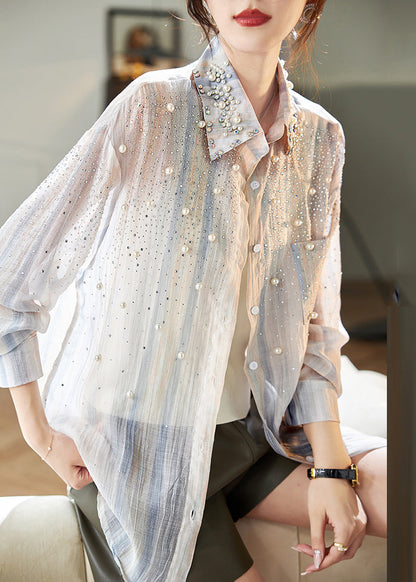 Orange Peter Pan Collar Nail Bead Zircon Chiffon Shirts Fall