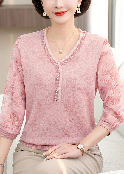 Pink V Neck Nail Bead Patchwork Knit T Shirt Half Sleeve