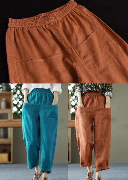 Peacock Blue Elastic Waist Patchwork Linen Harem Pants Summer