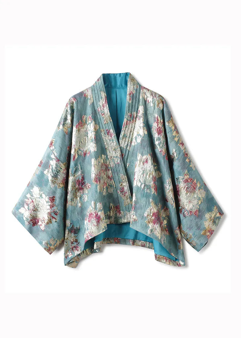 Blue V Neck Jacquard Patchwork Cotton Cardigan Fall