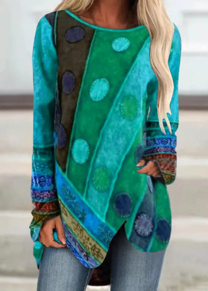 Red O-neck Asymmetrical Print Cotton T Shirt Top Spring
