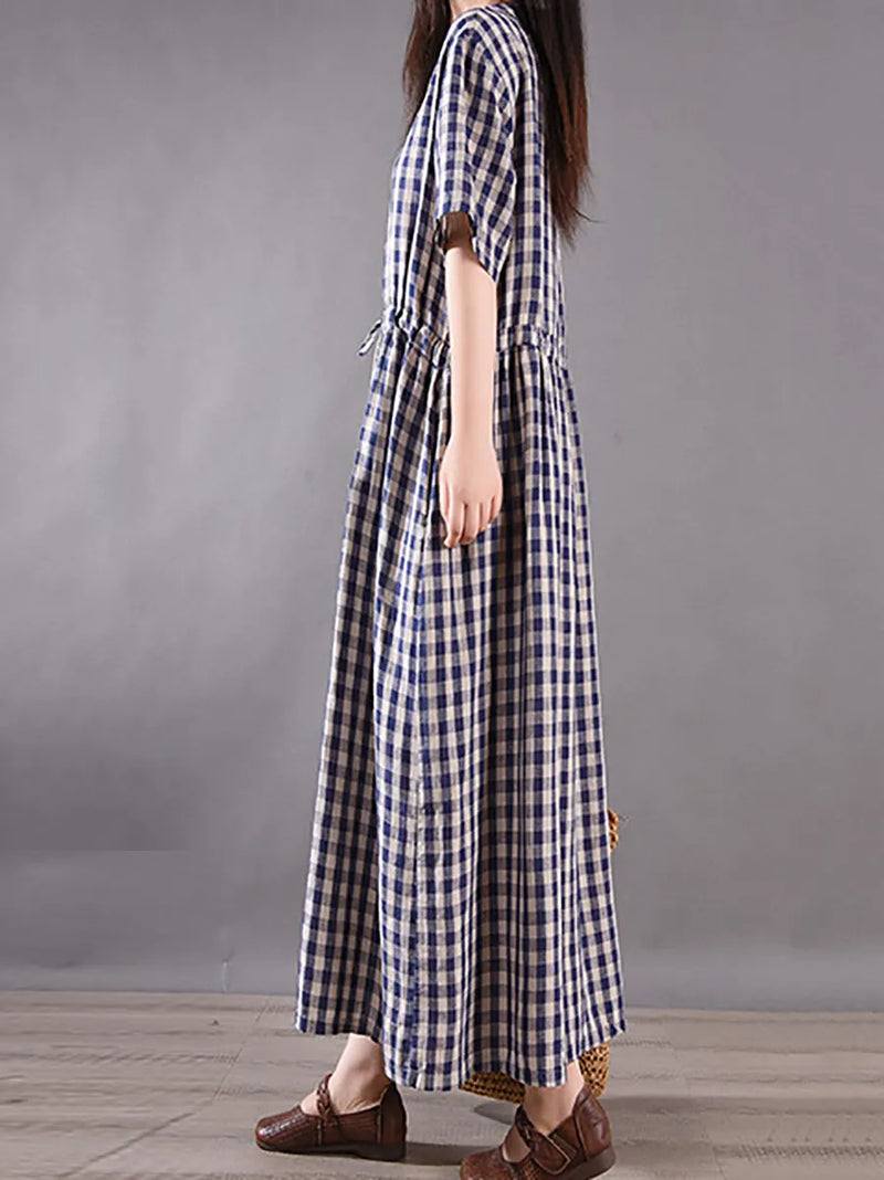 Summer Plaid Strap Linen Cotton Dress