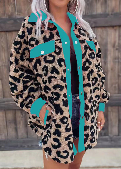 Style Rose Leopard Peter Pan Collar Pockets Faux Fur Coat Fall
