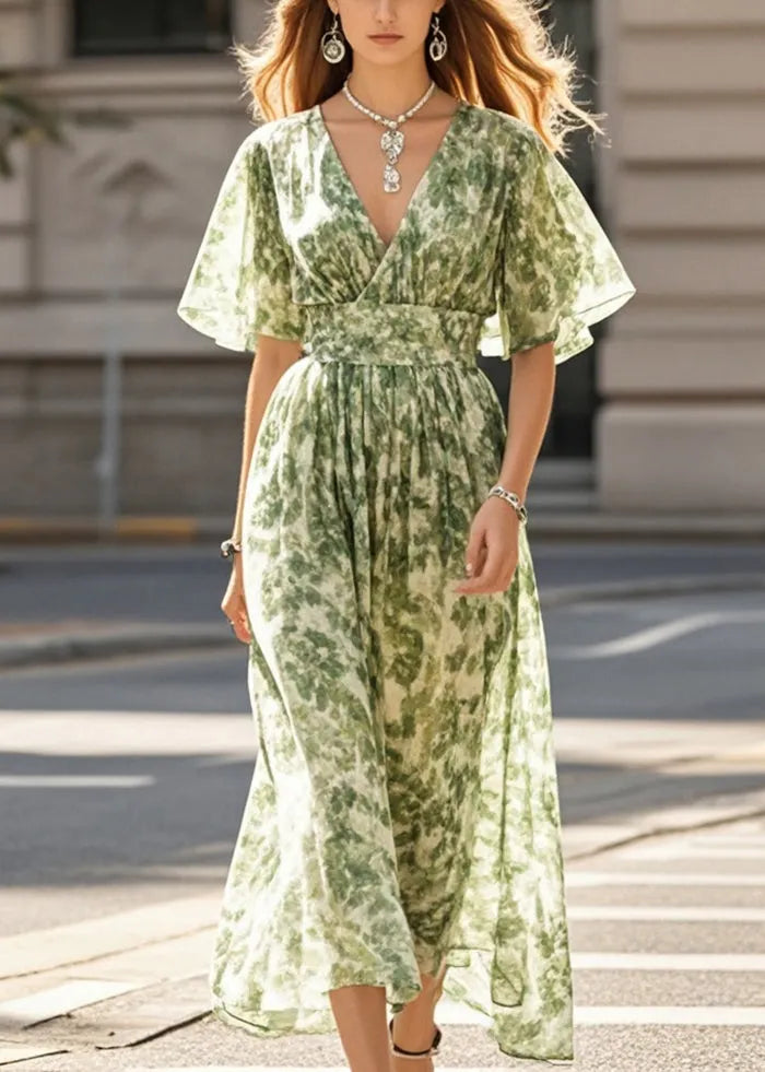 Grass Green Print Chiffon Beach Dress Summer