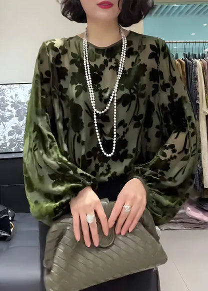 Green O Neck Jacquard Silk Velour Top Fall