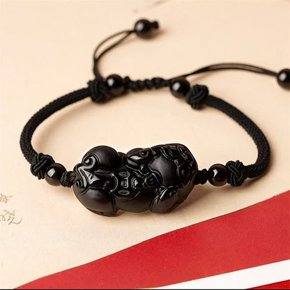 Buddha Stones Natural Obsidian Amethyst Citrine Pixiu Cooper Coin Wealth Bracelet