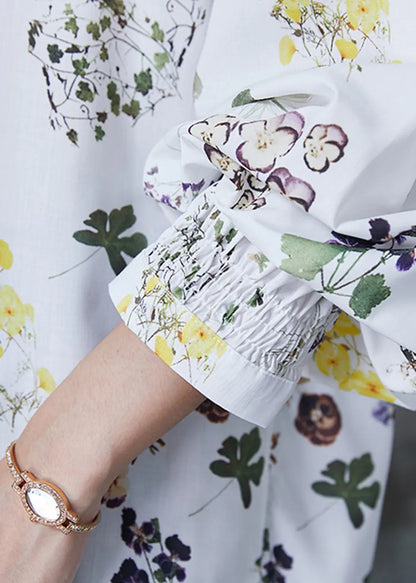 White Print Lace Up Chiffon Shirts Summer