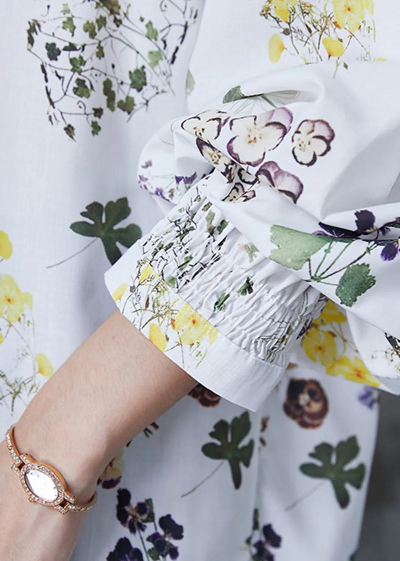 White Print Lace Up Chiffon Shirts Summer