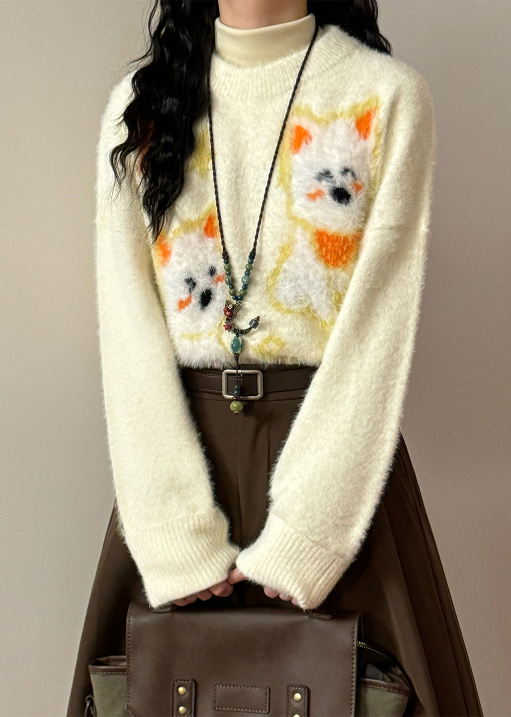 Apricot O-neck Little Dog Cozy Mink Hair Knitted Sweater Winter