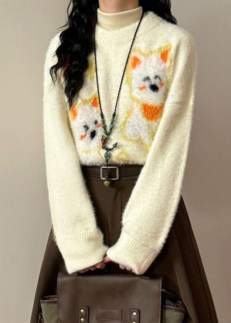 Apricot O-neck Little Dog Cozy Mink Hair Knitted Sweater Winter