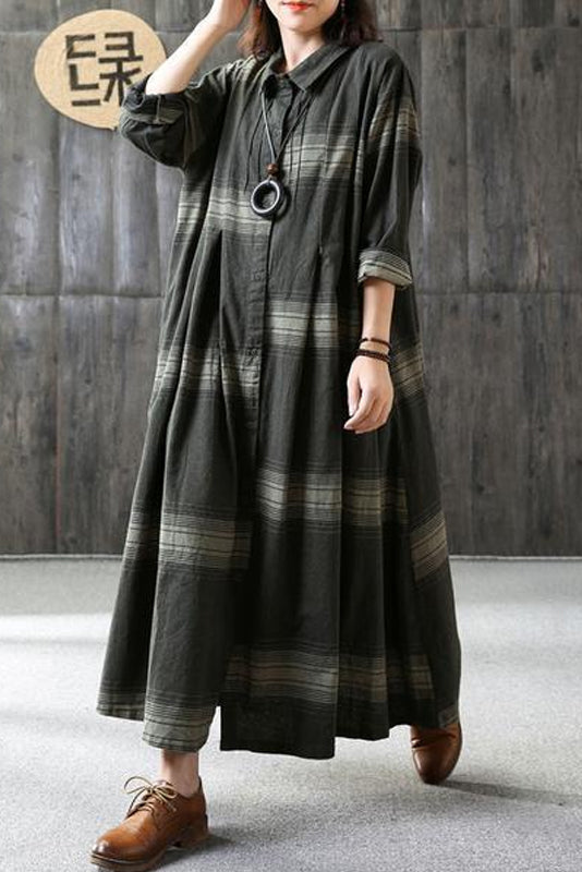 - Linen Plaid Dress Loose Long Sleeve Dress