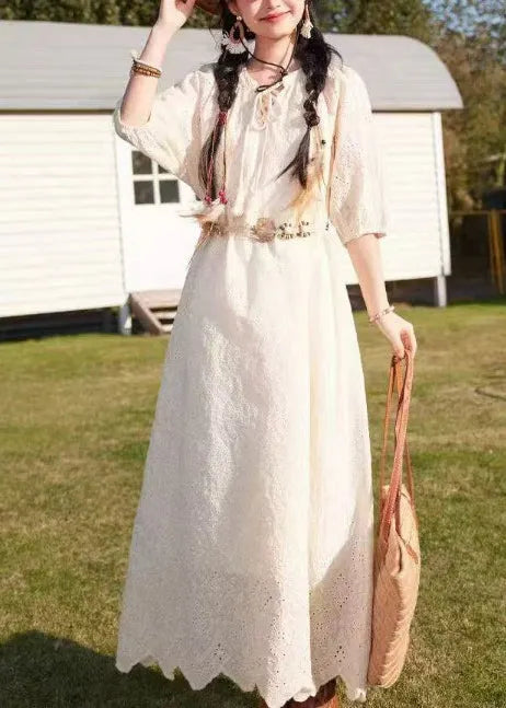 Art Red Embroidered Hollow Out Cotton Holiday Dress Summer