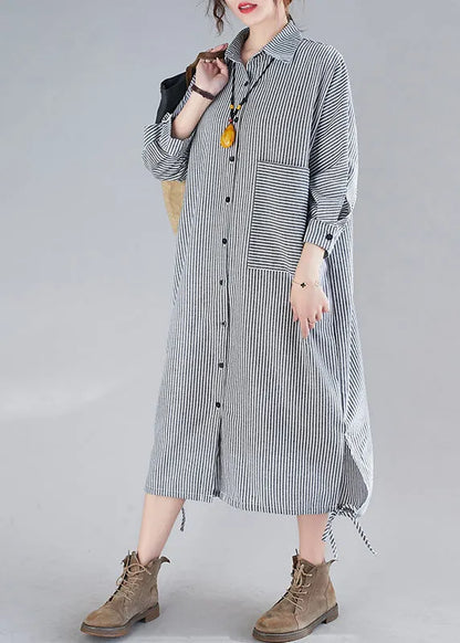 Plaid Peter Pan Collar Button Side Open Long Shirts Dress Fall
