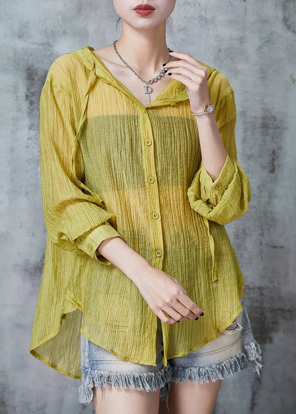 Grass Green Hooded Wrinkled Cotton Blouses Summer