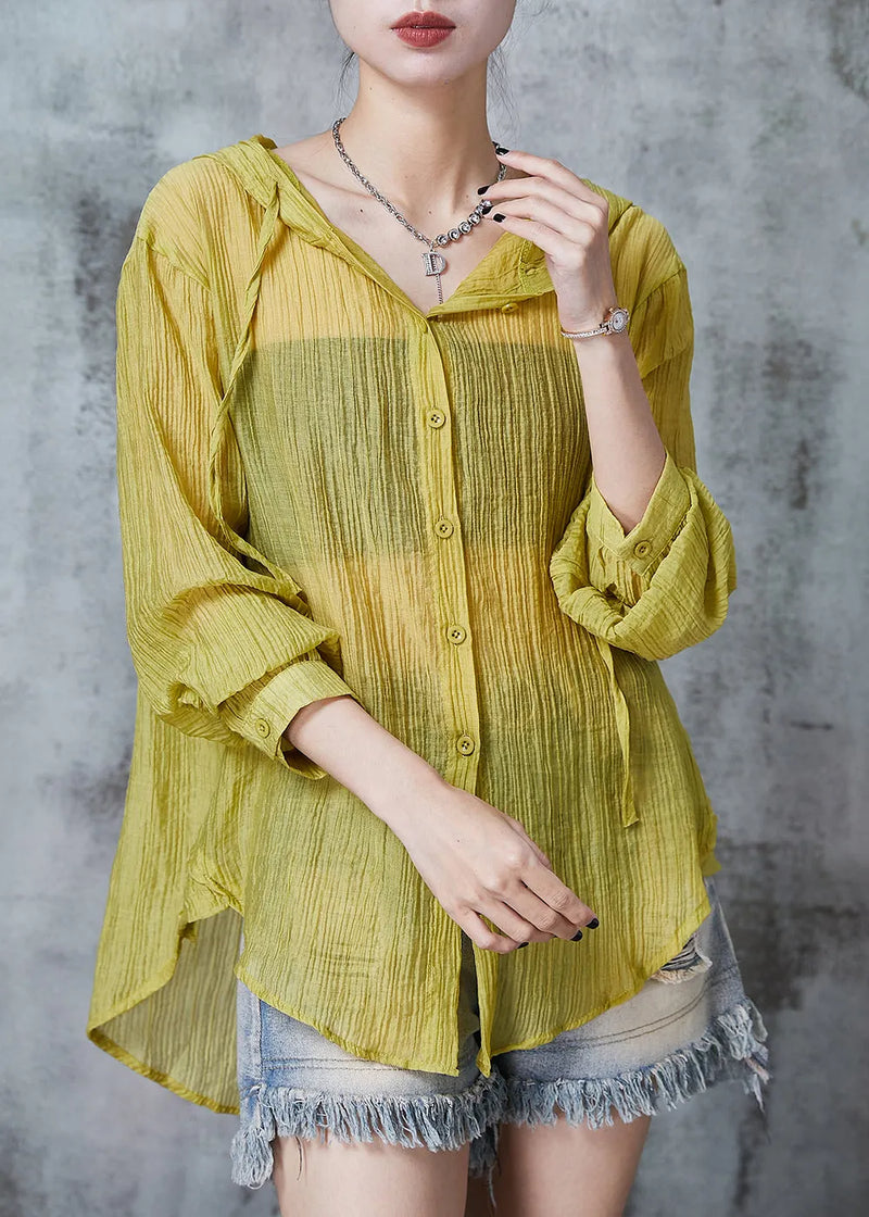 Grass Green Hooded Wrinkled Cotton Blouses Summer