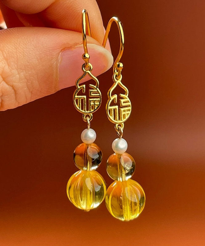 Yellow Sterling Silver Overgild Pearl Crystal Amber Graphic Drop Earrings