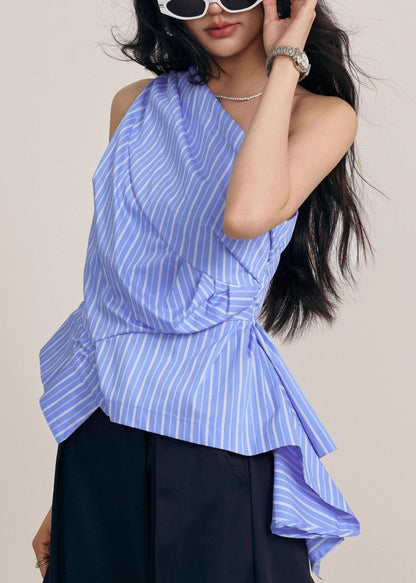 Blue Asymmetrical One Shoulder Wrinkled Striped Tops Sleeveless